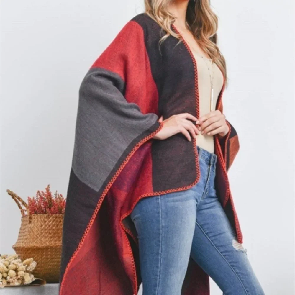 OPEN FRONT GEOMETRIC RECTANGLE PRINT WRAP KIMONO SHAWL - Picture 5 of 5